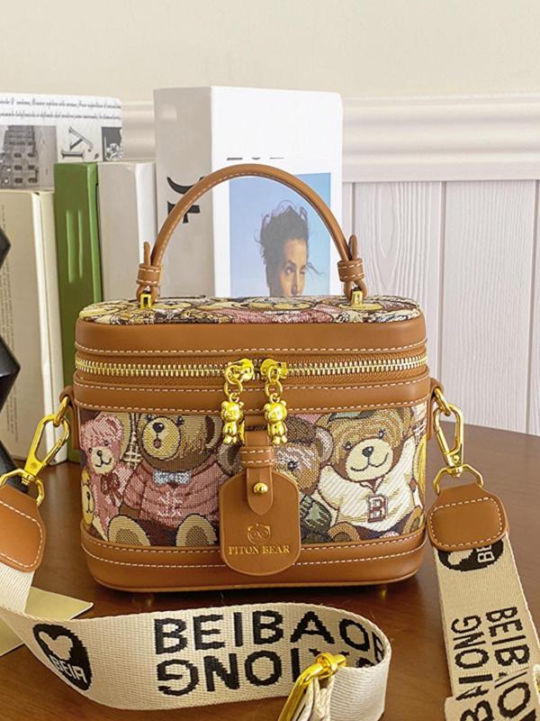 Fashionable Pu Leather Handbag, Cute Cartoon Bear Print Bucket Bag, with Adjustable Strap, Casual Trendy Versatile High-quality Daily Commuting Bag