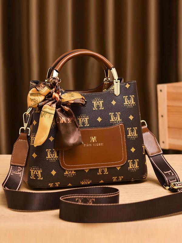 Temperament Geometric Pattern Handbag, New Trend All-match Handbag, Fashionable Shopping Bag with Leaf Charm Or Twilly Scarf Decor