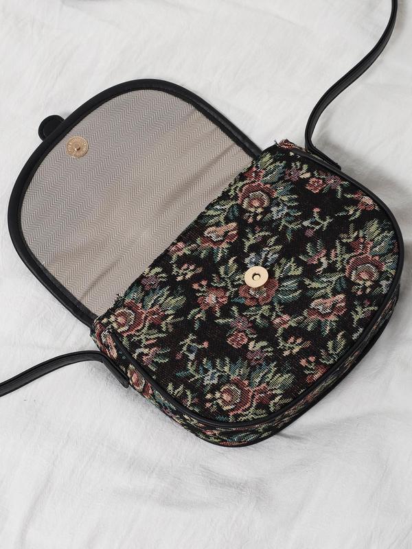 Women's Vintage Floral Pattern Contrast Binding Design Saddle Bag, Boho Style Crossbody Bag, Fashionable Bag for Daily Use