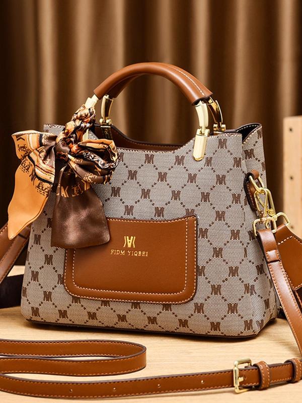 Temperament Geometric Pattern Handbag, New Trend All-match Handbag, Fashionable Shopping Bag with Leaf Charm Or Twilly Scarf Decor