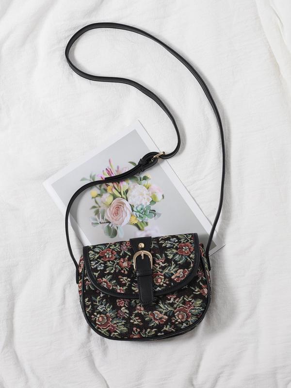 Women's Vintage Floral Pattern Contrast Binding Design Saddle Bag, Boho Style Crossbody Bag, Fashionable Bag for Daily Use