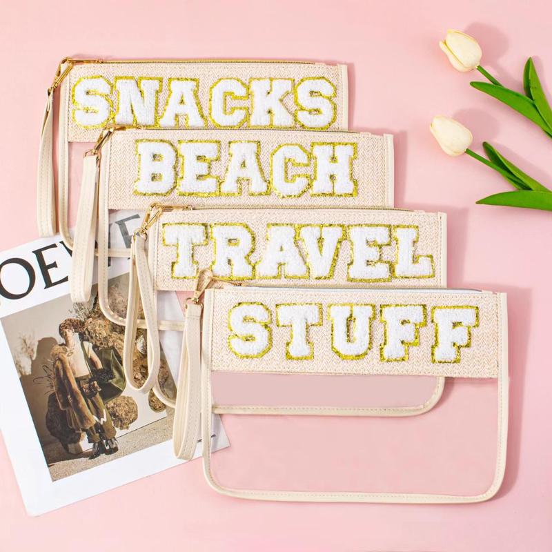 Letter Pattern Makeup Bag, Transparent Zipper Makeup Bag, Fashionable Storage Bag for Beach Travel, Cosmetic Bag for Women & Girls