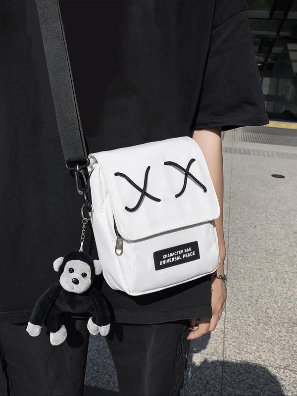 Men's Street Trend Letter Patched Design Crossbody Bag, Fashionable Bag with Stuffed Doll Charm, Casual Versatile Shoulder Bag for Daily Used