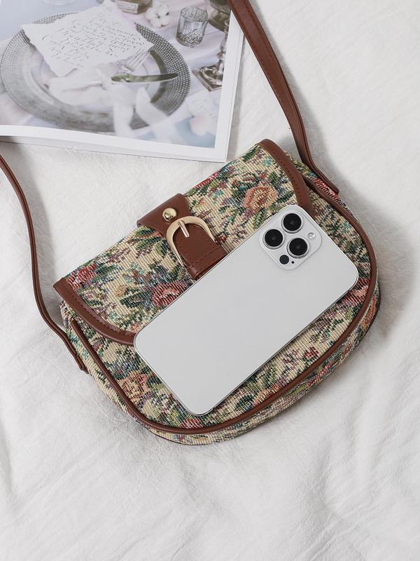 Women's Vintage Floral Pattern Contrast Binding Design Saddle Bag, Boho Style Crossbody Bag, Fashionable Bag for Daily Use