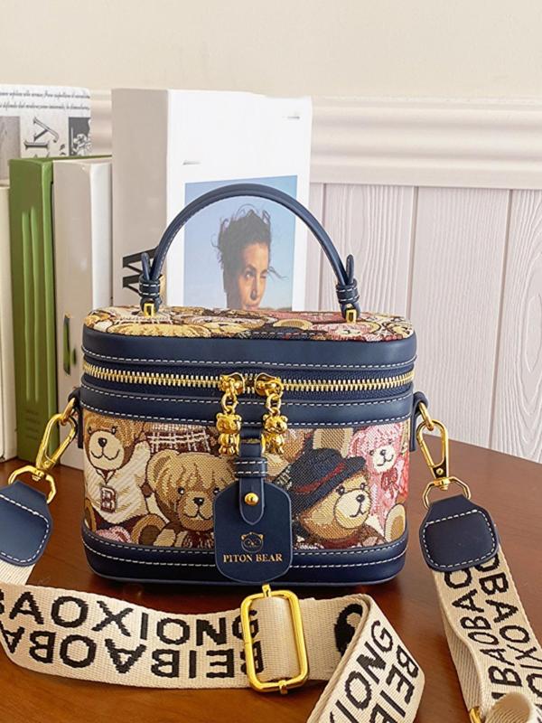 Fashionable Pu Leather Handbag, Cute Cartoon Bear Print Bucket Bag, with Adjustable Strap, Casual Trendy Versatile High-quality Daily Commuting Bag