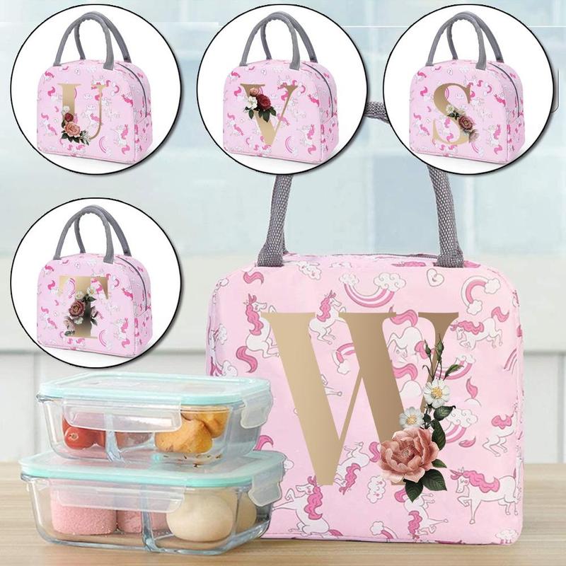 Unicorn & letter Pattern Bento Bag, 1 Count Lightweight Durable Thermal Food Container, Reusable Canvas Handbag for Students, School Supplies