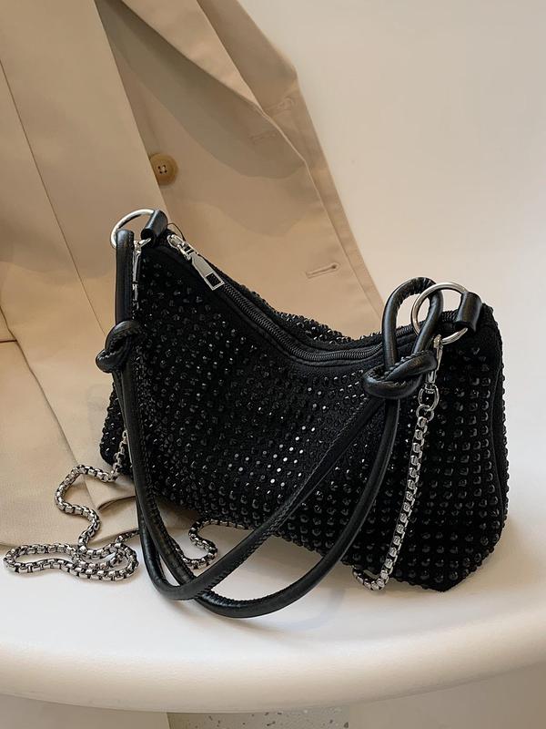 Women's Fashion Rhinestone Decorated Shoulder Bag, Elegant Plain Suede Crossbody Bag for Party Wedding, Trendy Matching Underarm Bag for Women