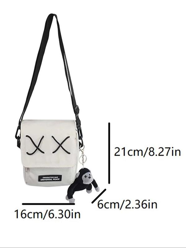 Men's Street Trend Letter Patched Design Crossbody Bag, Fashionable Bag with Stuffed Doll Charm, Casual Versatile Shoulder Bag for Daily Used