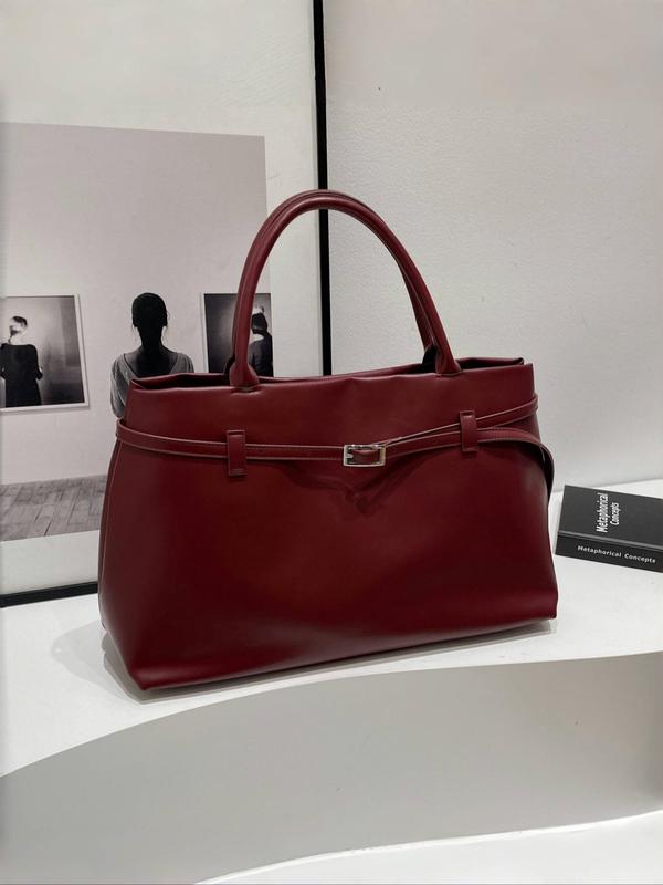 Women's Solid Color Belted Design Tote Bag, Fashionable PU Leather Shoulder Bag for Daily Used, Casual Trendy Versatile High-quality Daily Commuting Bag