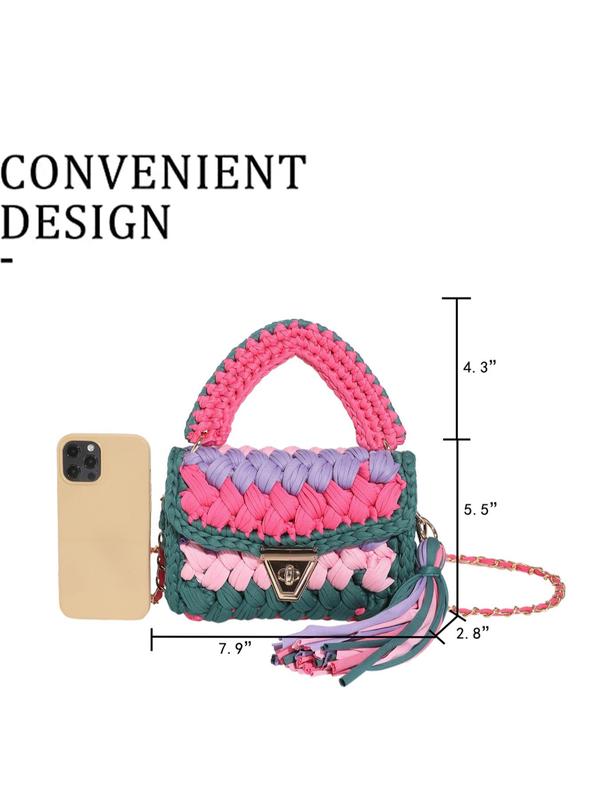 2024 Summer Colorblock Tassel Decor Crossbody Bag for Women As Gifts, Casual Designer Crossbody Purse, Back To School Shoulder Bag, Boho Flap Square Bag, Fall Outfits, Fall Freshness Fall Outfits Unique Everyday Designer Bags