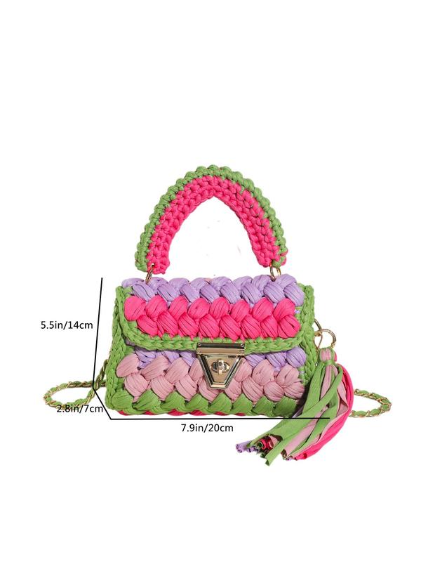 2024 Summer Colorblock Tassel Decor Crossbody Bag for Women As Gifts, Casual Designer Crossbody Purse, Back To School Shoulder Bag, Boho Flap Square Bag, Fall Outfits, Fall Freshness Fall Outfits Unique Everyday Designer Bags