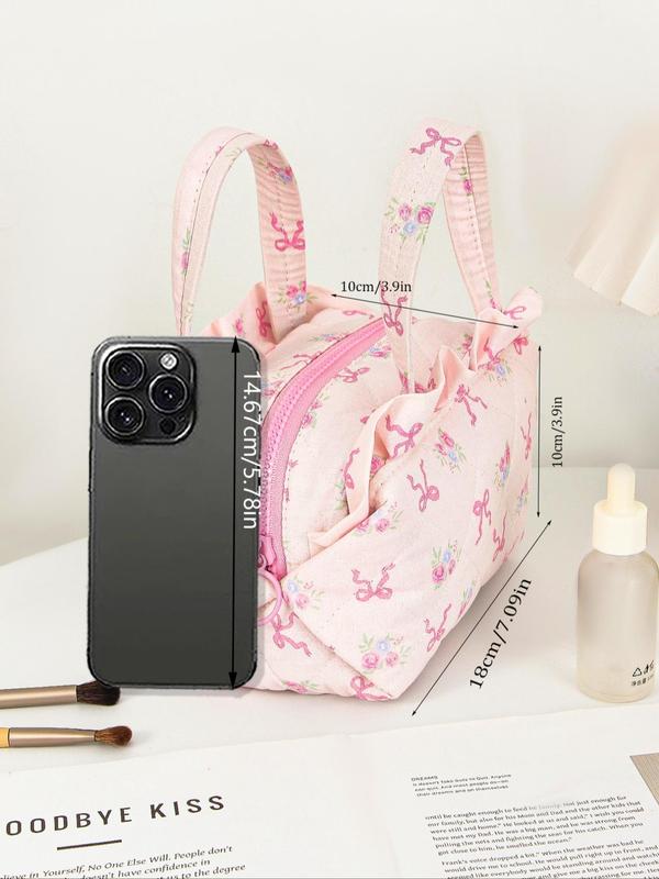 Floral & Bow Pattern Cosmetic Bag, Large Capacity Quilted Cosmetic Bag with Handle, Girls Makeup Bag, Student Make Up Bag, Cosmetics Brush Storage Lipstick Bag