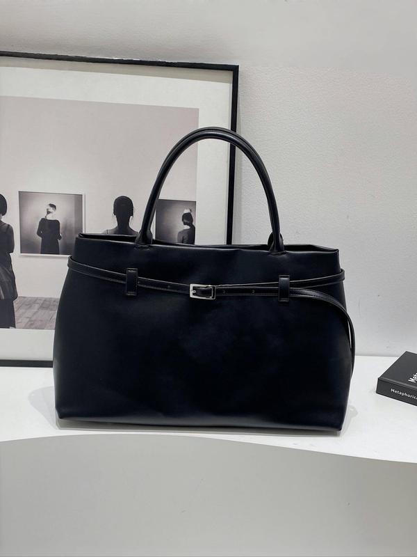 Women's Solid Color Belted Design Tote Bag, Fashionable PU Leather Shoulder Bag for Daily Used, Casual Trendy Versatile High-quality Daily Commuting Bag