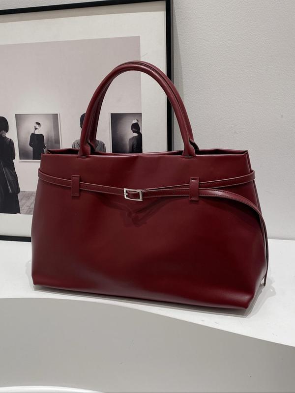Women's Solid Color Belted Design Tote Bag, Fashionable PU Leather Shoulder Bag for Daily Used, Casual Trendy Versatile High-quality Daily Commuting Bag