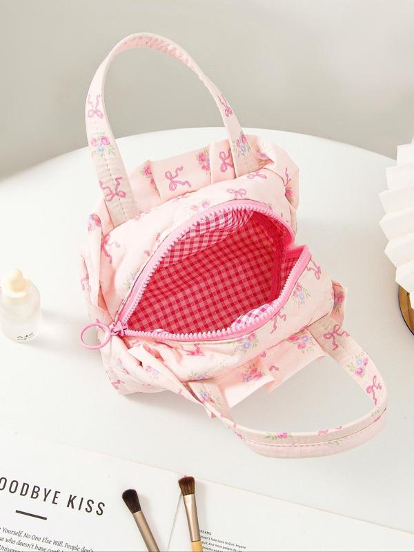 Floral & Bow Pattern Cosmetic Bag, Large Capacity Quilted Cosmetic Bag with Handle, Girls Makeup Bag, Student Make Up Bag, Cosmetics Brush Storage Lipstick Bag