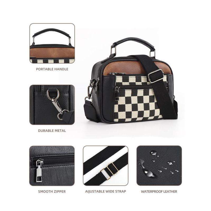 Checkerboard Pattern Colorblock Crossbody Bag, Fashion Pu Leather Waterproof Zipper Shoulder Bag for Women, Designer Crossbody Bags for Women, Casual Trendy Versatile High-quality Daily Commuting Bag