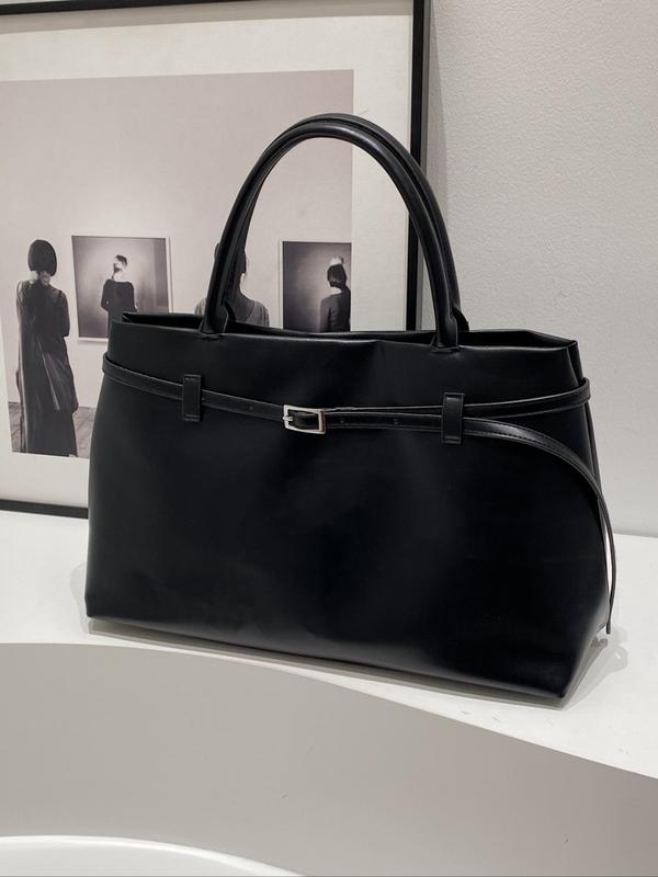Women's Solid Color Belted Design Tote Bag, Fashionable PU Leather Shoulder Bag for Daily Used, Casual Trendy Versatile High-quality Daily Commuting Bag