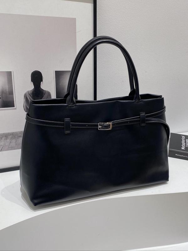 Women's Solid Color Belted Design Tote Bag, Fashionable PU Leather Shoulder Bag for Daily Used, Casual Trendy Versatile High-quality Daily Commuting Bag