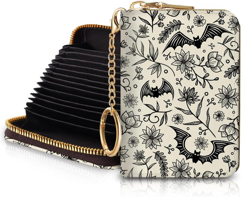 Goth Credit Card Holder for Women, Gothic Floral Small RFID Wallet with Zipper, Card Keychain Wallet, Leather Wallet Card Case, Business Accordion Wallet birthday Gift