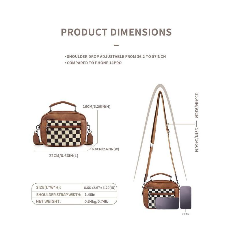 Checkerboard Pattern Colorblock Crossbody Bag, Fashion Pu Leather Waterproof Zipper Shoulder Bag for Women, Designer Crossbody Bags for Women, Casual Trendy Versatile High-quality Daily Commuting Bag