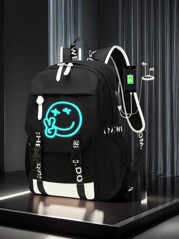 Unisex Street Trend Glow in The Dark Bear Pattern Backpack, Trendy Large Capacity Lightweight Backpack with USB Port, Fashionable Backpack for Daily Use