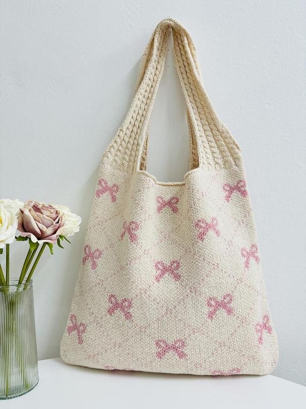 Fashion Bowknot Fruit Pattern Woven Shoulder Bag, Summer Large Capacity Crochet Bag for Women, Casual Trendy Versatile High-quality Daily Commuting Bag, Girl Fashionable Shopping Bag