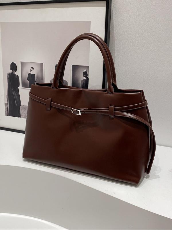 Women's Solid Color Belted Design Tote Bag, Fashionable PU Leather Shoulder Bag for Daily Used, Casual Trendy Versatile High-quality Daily Commuting Bag