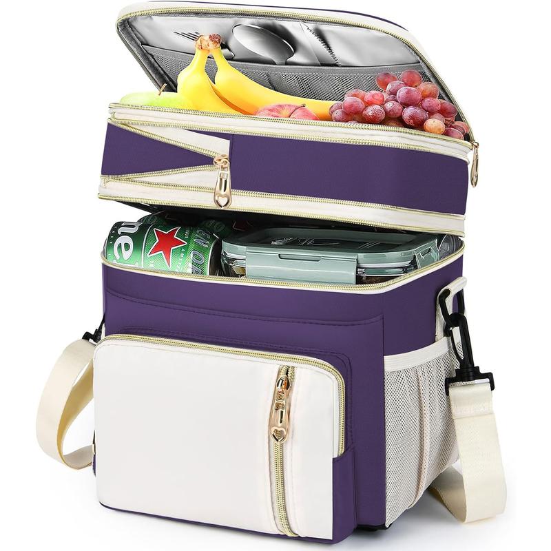 Lunch Box for Women-Insulated Lunch Bag for women  -Expandable Double Cooler Bag-Reusable Adult Lunchbox with Adjustable Shoulder Strap (Purple lunch bag