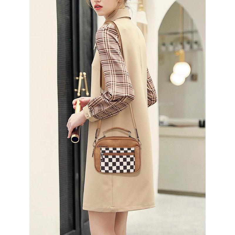 Checkerboard Pattern Colorblock Crossbody Bag, Fashion Pu Leather Waterproof Zipper Shoulder Bag for Women, Designer Crossbody Bags for Women, Casual Trendy Versatile High-quality Daily Commuting Bag