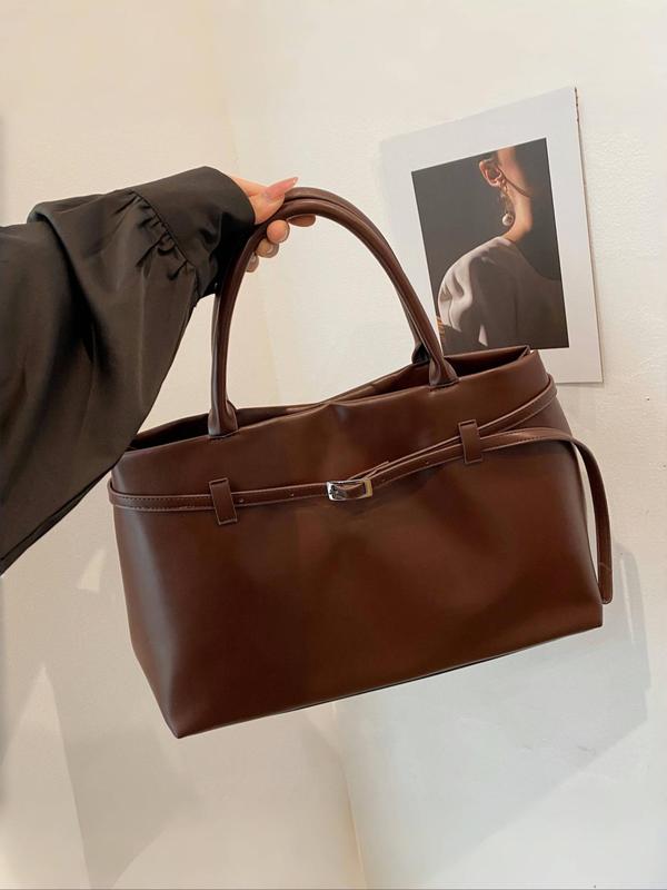 Women's Solid Color Belted Design Tote Bag, Fashionable PU Leather Shoulder Bag for Daily Used, Casual Trendy Versatile High-quality Daily Commuting Bag