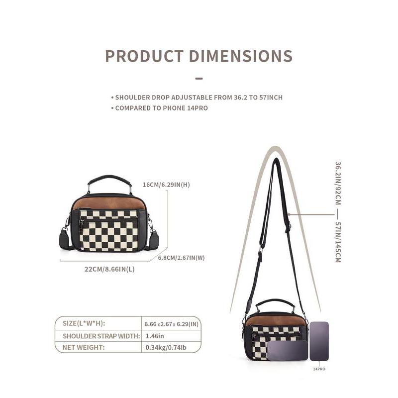 Checkerboard Pattern Colorblock Crossbody Bag, Fashion Pu Leather Waterproof Zipper Shoulder Bag for Women, Designer Crossbody Bags for Women, Casual Trendy Versatile High-quality Daily Commuting Bag