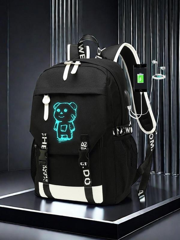 Unisex Street Trend Glow in The Dark Bear Pattern Backpack, Trendy Large Capacity Lightweight Backpack with USB Port, Fashionable Backpack for Daily Use