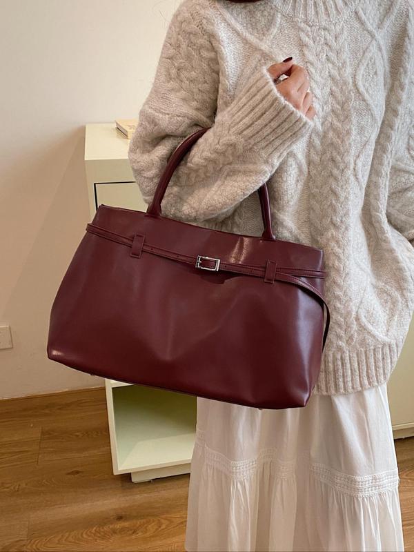 Women's Solid Color Belted Design Tote Bag, Fashionable PU Leather Shoulder Bag for Daily Used, Casual Trendy Versatile High-quality Daily Commuting Bag